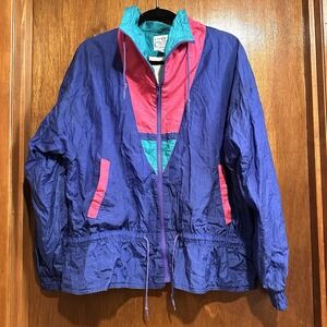 Casual Club Jacket 90s Windbreaker Size Large Vintage Pink Purple Geo 1990s